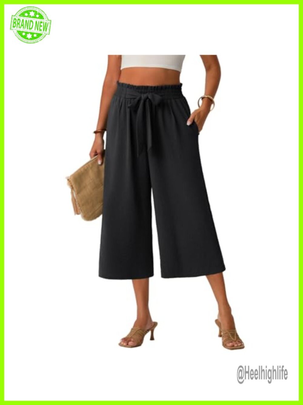 Wide Leg Capri Pants High Waisted Pull On with Pockets
